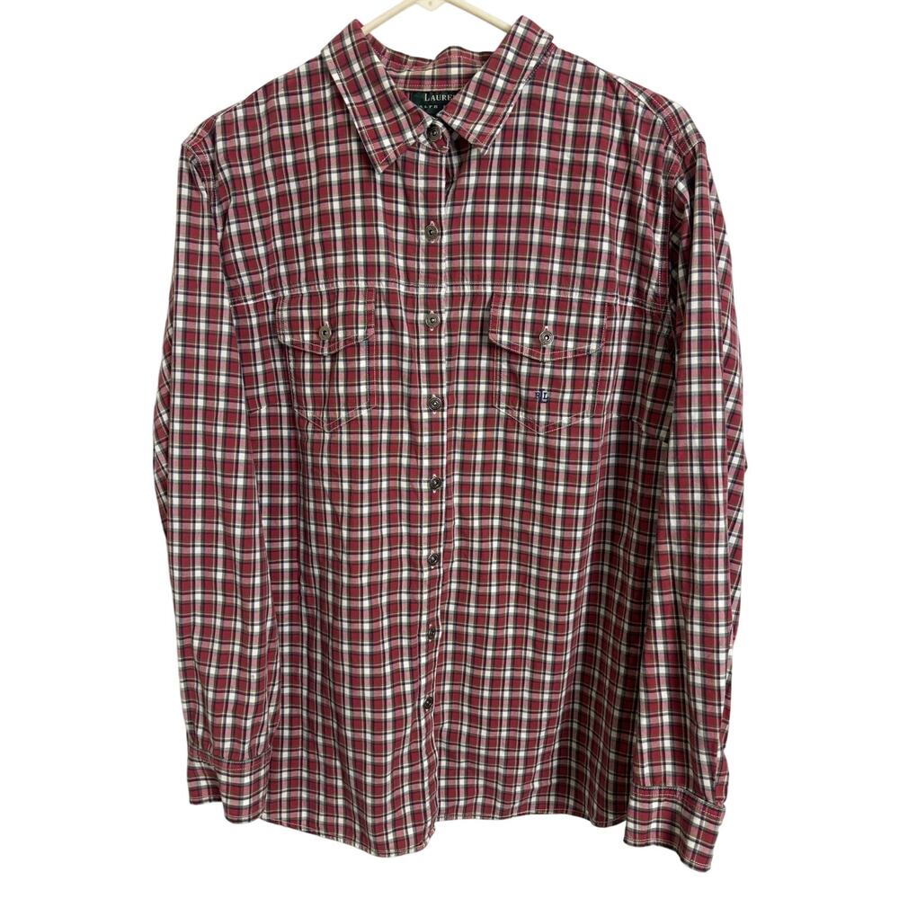 Vtg Lauren Ralph Lauren Red Plaid Button Up Top Size 2X RLL Logo Preppy